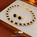 Elegant gold-plated jewelry set with black square stones and white zircon accents - Black (Two-piece Set)