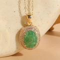 Collar con colgante ovalado de circón verde esmeralda chapado en oro 14K y borde blanco - Forma Ovalada / Dorado + Verde