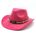 Detail of rose pink suede cowboy hat with bronze bull head emblem on brown leather band - M (56-59cm) / Rose Red Faux Suede