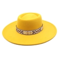 Detailed view of yellow wool felt fedora with a colorful ethnic woven patterned hatband - M(56-58cm) / Yellow
