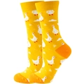 Detail of yellow cotton socks featuring cute white chicken patterns and orange toe accents - Yellow Little Duck