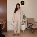 Chic two-piece beige knit set featuring a buttoned cardigan and matching wide-leg pants - S / Gray