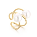Golden double spiral open ring featuring two large white pearls in a minimalist design - US 9 / Pearl Gold