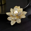 Elegant gold lotus flower brooch featuring crystal rhinestones and a large center pearl - X0263 Peony White Bead