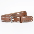 Ceinture en cuir PU marron avec rivets argentés double rangée et boucle à ardillon - Longueur 108 Largeur 2.8 / Camel