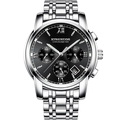 Elegant men's silver stainless steel watch with black dial and date display feature - Silver Steel Strap Black Dial
