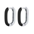 Detail view of oval silver and black enamel earrings with polished metallic finish - Black Silver