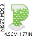 Detail view of green embroidered letter P patch with precise size measurements - Letter P