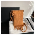 Borsa porta cellulare gialla in finta pelle scamosciata con frange e tracolla fine - Marrone