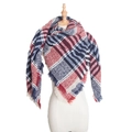 Red white and blue plaid scarf with fringe detail shown on a professional mannequin - Burgundy