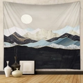 Artistic abstract mountain and moon wall tapestry with elegant gold outlines for home decor - Abstract Freehand Gray Blue Mountains (GT428-15)