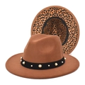 Detail of brown wool fedora featuring pearl studs trim and leopard print lining - Khaki