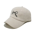 Casquette de baseball tendance en velours côtelé blanc crème avec broderie nœud noir - M (56-58cm) / Beige
