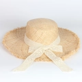 Handmade raffia sun hat with white lace ribbon and frayed brim for beach vacations - Adjustable / Lace Decorative Ribbon
