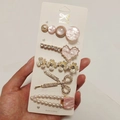 Set of 5 candy-colored hair clips with pearls, rhinestones, and pink resin accents - Dora Style (5 Piece Set)