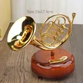 Vintage gold French horn music box model YL2058 on wooden base, 15x17.5cm retro home decor - French Horn Music Box