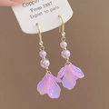Detail of purple flower petal earrings with pearl accents and gold-plated hooks - Purple Flower (1# Ear Hook)