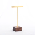 Golden T-bar jewelry stand with walnut wood base for earrings and necklaces - Small T-Shape