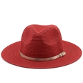 Detail view of the fine woven red straw fedora with gold faux leather belt and metal buckle - M (56-58cm) / Red
