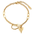 Pulsera de acero inoxidable dorado con colgante de corazón y cadena ajustable - Pulsera de Cadena Mezclada de Corazón Color Oro (KB149170-KLX)