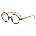 Occhiali retrò tondi con montatura nera e stanghette in legno marrone chiaro con borchie - 0 Diottrie Anti Luce Blu / Montatura Nero Opaco Aste in Legno C2