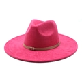 Detail of fuchsia fedora hat with woven brown decorative band and matte felt texture - M(56-59CM) / Rose Red (Suede)