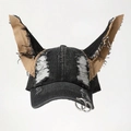 Verwaschene schwarze Jeans-Baseballkappe mit Teufelsohren und Metallringen im Punk-Stil - Verstellbar / Cowboy Punk