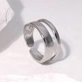 Minimalist double layer silver titanium steel open ring with adjustable band design - Adjustable / Steel