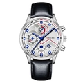 Men's business quartz watch with white chronograph dial and black leather strap - White Dial Blue Pointer Silver Case