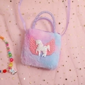 Close-up of plush unicorn shoulder bag with pink purple gradient and sequin Pegasus design - Tie-Dye Purple