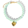 Mint green pearl pet collar with gold heart pendant engraved with I Love You - Blue
