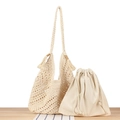 Bohemian hollow handmade woven triangular shoulder bag in beige with canvas inner pouch - Beige (With Inner Pouch)