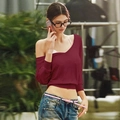 Women's burgundy off-shoulder sheer mesh long sleeve crop top in casual style - XS / Long Sleeve / Burgundy