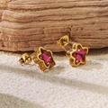 Star shaped golden stud earrings featuring a vibrant red gemstone on textured stone - Rose Red Star Stud Earrings (BD513-rose-red)