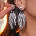 Elegant silver long tassel earrings with sparkling rhinestones and heart drop design - Silver Full Diamond Long Tassel