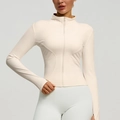 Slim fit cream yoga jacket with full zip and thumbholes for athletic workout wear - S / Ivory