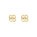 Elegant gold flower stud earrings with wavy petals and a sparkling center zircon stone - Hollow Etched Clover (E304223) - Gold White
