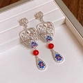 Vintage silver hollow earrings with blue cloisonne floral pattern and red agate bead - 74# Silver Post Style (74#)