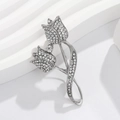 Silver alloy twin tulip brooch with sparkling rhinestones for coats and suits - Double Tulip Silver