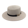 Detail view of woven straw hat featuring a sleek black leather band and gold buckle - M (56-58cm) / Light Gray