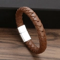 Bracciale intrecciato in pelle marrone da uomo con chiusura magnetica in argento lucido - Lunghezza 21cm / caffè