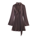 Elegant deep brown satin mini dress with flared sleeves and stylish neck tie detail - XS / Coffee