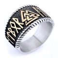 Nordic Viking Odin Valknut ring with golden runes on black oxidized stainless steel band - US 7 / Two-tone Gold (20304)