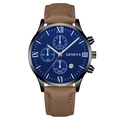 Fashion calendar watch with blue dial, Roman numerals and brown leather strap for men - Blue Dial Silver Hands Black Case Brown Strap