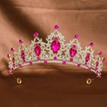 Elegant gold bridal crown featuring large pink gemstones and sparkling clear rhinestones - Imitation Gold Rose Red