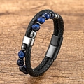 Men's double-layer bracelet with black braided leather and blue tiger eye beads - 23CM / Black Style 9