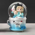 Rotating musical crystal ball with cartoon girl in blue dress and rabbit on a mojo base - -029 Blue Base / Medium 80mm Light + Music
