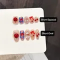 Cute Christmas press-on nails featuring 3D cherry, snowman, and plaid bow designs - Extra Small (XS) / Cherry Snow Sweet-Short Squoval (3317)