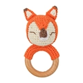 Handmade crochet orange fox baby rattle with natural wooden ring for infant sensory play - Fox with Pointed Ears