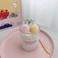 Handmade strawberry dessert soy candle with macarons and donut in a glass cup - Colorful Macaron - White Peach Oolong Scent